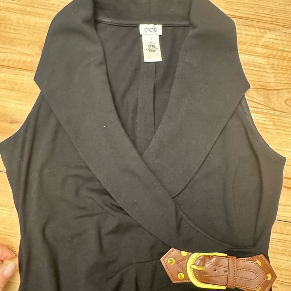 Cache Black Draped Sleeveless Dress with Brown Belt Accent - Picture 4 of 6